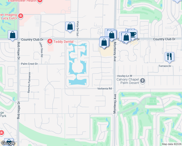 map of restaurants, bars, coffee shops, grocery stores, and more near 14 Calle La Reina in Rancho Mirage
