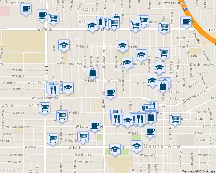 map of restaurants, bars, coffee shops, grocery stores, and more near 839 North Garnsey Street in Santa Ana
