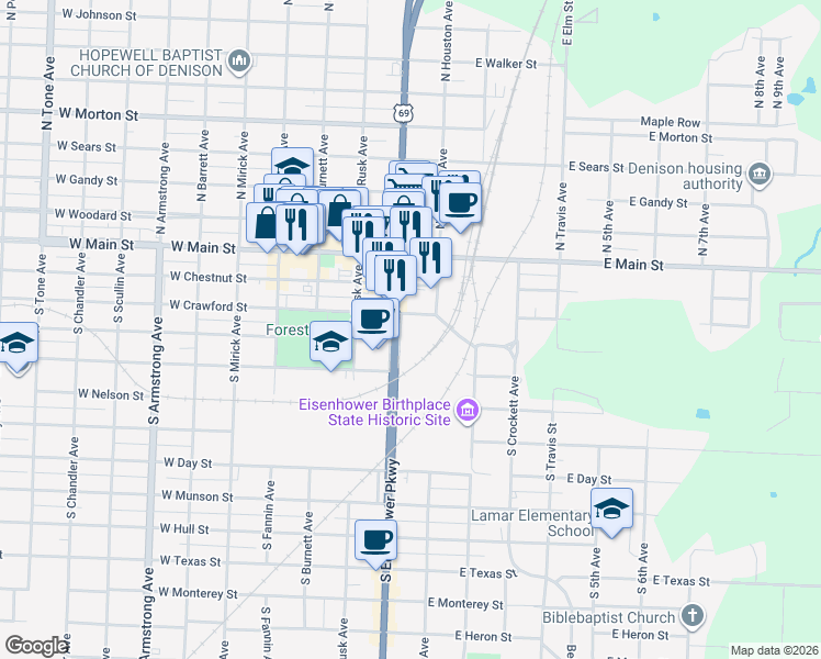map of restaurants, bars, coffee shops, grocery stores, and more near 130 West Crawford Street in Denison