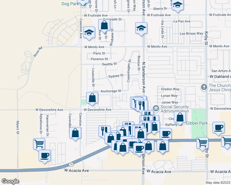 map of restaurants, bars, coffee shops, grocery stores, and more near 3681 Anchorage Street in Hemet
