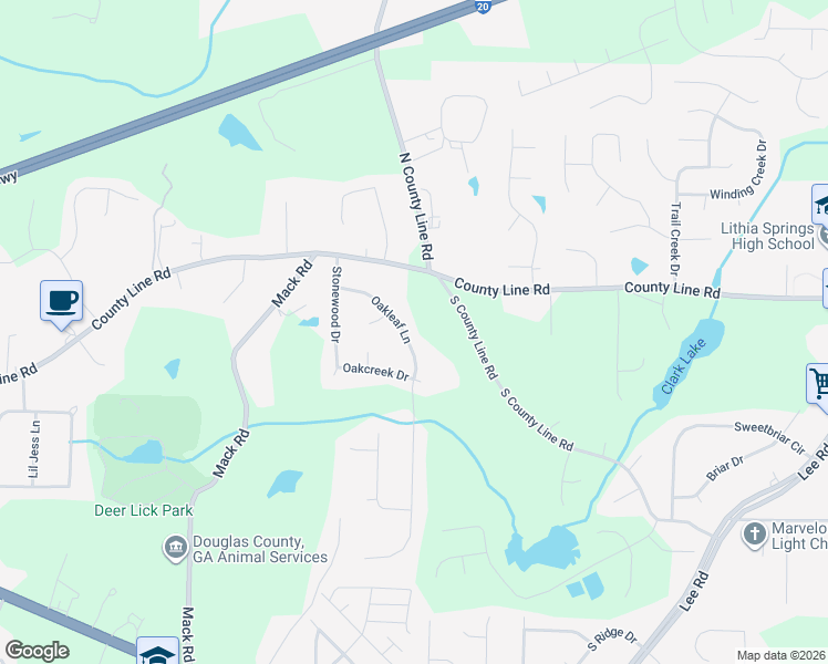 map of restaurants, bars, coffee shops, grocery stores, and more near 1970 Oak Leaf Lane in Lithia Springs