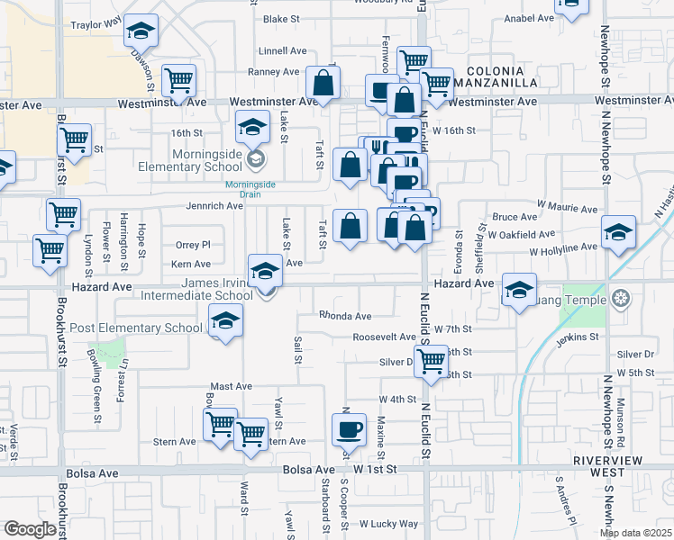 map of restaurants, bars, coffee shops, grocery stores, and more near 10761 Lotus Drive in Garden Grove