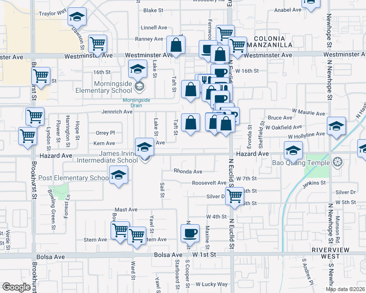map of restaurants, bars, coffee shops, grocery stores, and more near 10761 Lotus Drive in Garden Grove
