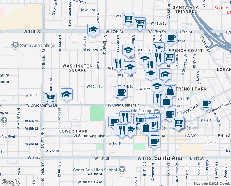 map of restaurants, bars, coffee shops, grocery stores, and more near 835 North Parton Street in Santa Ana
