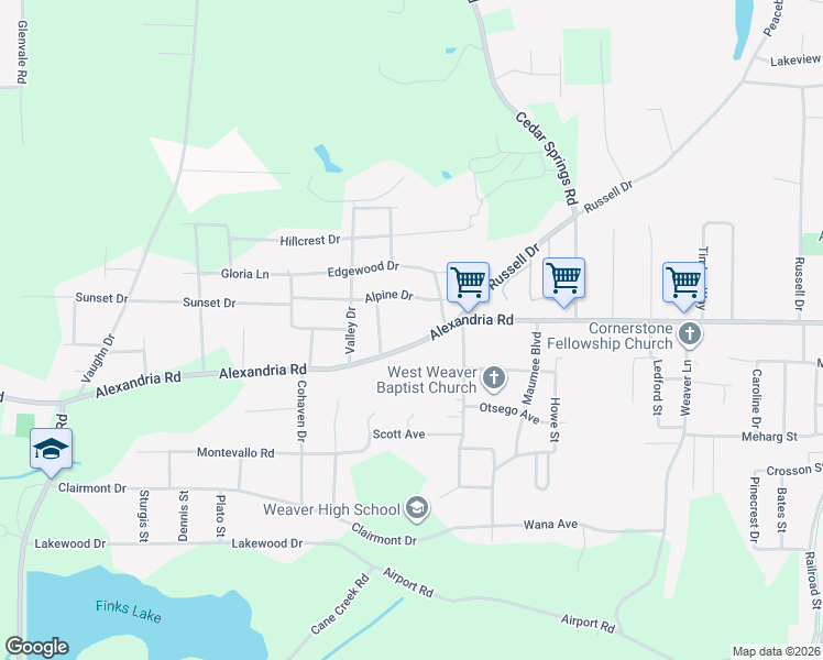 map of restaurants, bars, coffee shops, grocery stores, and more near 1103 Alexandria Road in Weaver