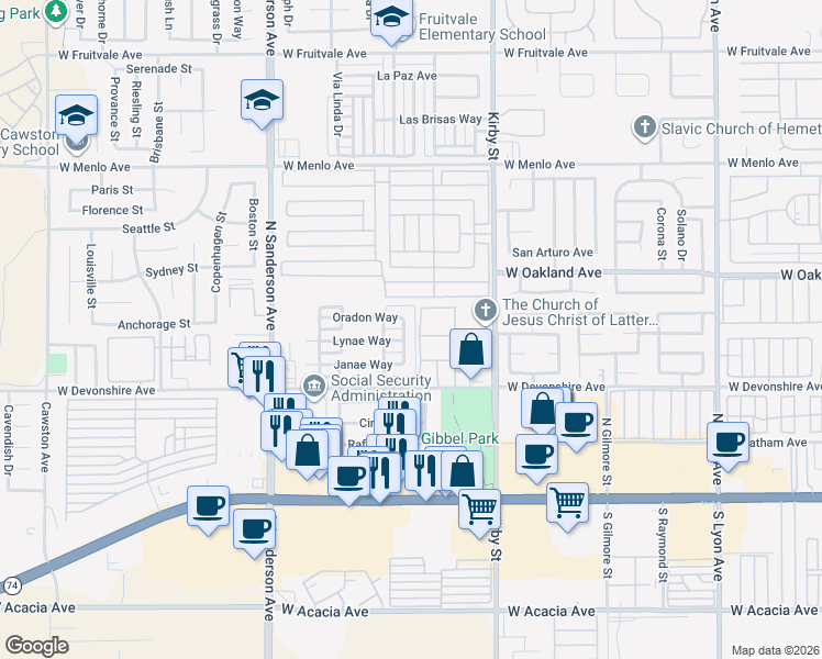 map of restaurants, bars, coffee shops, grocery stores, and more near 356 Myrl Place in Hemet