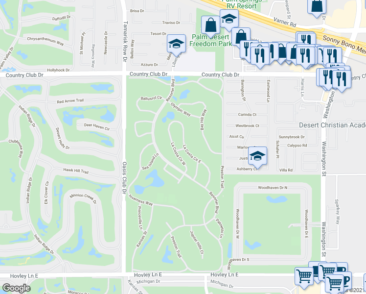 map of restaurants, bars, coffee shops, grocery stores, and more near 40665 La Costa Circle West in Palm Desert