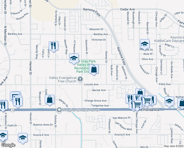 map of restaurants, bars, coffee shops, grocery stores, and more near 5449 Pacific Green Court in Hemet