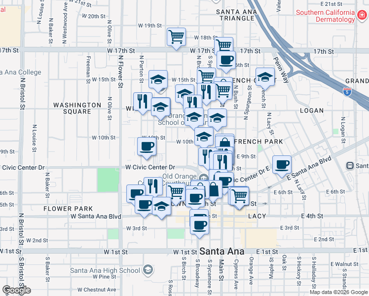 map of restaurants, bars, coffee shops, grocery stores, and more near 445w West Civic Center Drive in Santa Ana