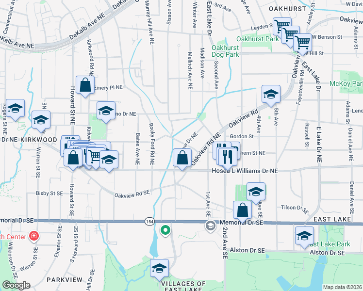 map of restaurants, bars, coffee shops, grocery stores, and more near 2259 Ridgedale Road Northeast in Atlanta