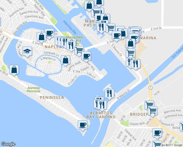 map of restaurants, bars, coffee shops, grocery stores, and more near 263 Ginevra Walk in Long Beach