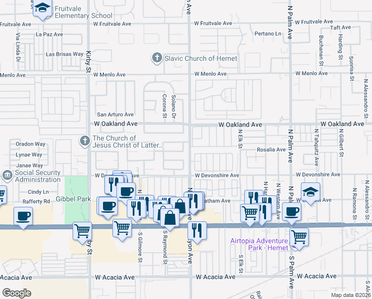 map of restaurants, bars, coffee shops, grocery stores, and more near 424 Tierra Baja Way in Hemet