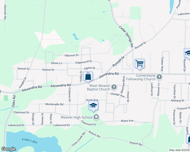 map of restaurants, bars, coffee shops, grocery stores, and more near 1103 Alexandria Road in Weaver