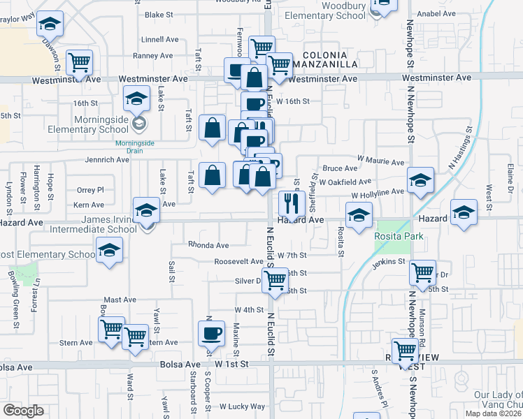 map of restaurants, bars, coffee shops, grocery stores, and more near 919 North Euclid Street in Santa Ana