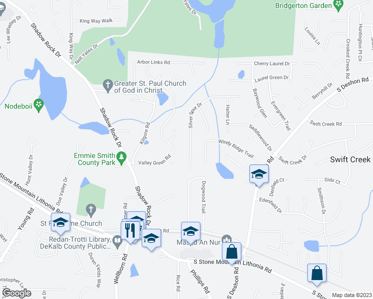 map of restaurants, bars, coffee shops, grocery stores, and more near 6102 Silver Spur Drive in Lithonia