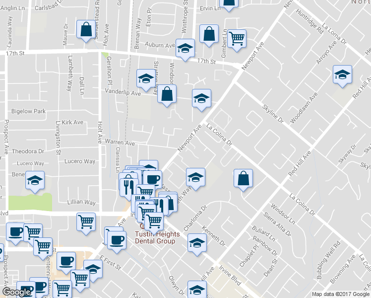 map of restaurants, bars, coffee shops, grocery stores, and more near 1020 Tustin Pines Way in Tustin