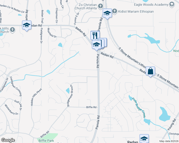 map of restaurants, bars, coffee shops, grocery stores, and more near 5432 Windfern Court in Stone Mountain