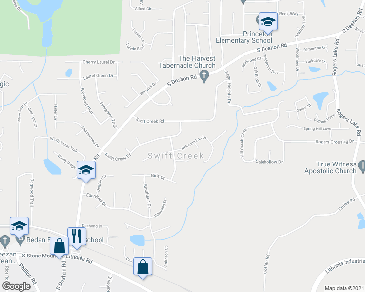 map of restaurants, bars, coffee shops, grocery stores, and more near 6536 Rebecca Lou Lane in Lithonia