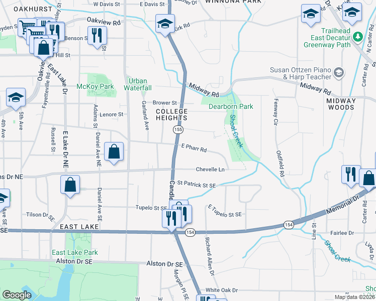 map of restaurants, bars, coffee shops, grocery stores, and more near 2929 Pharr Road East in Decatur