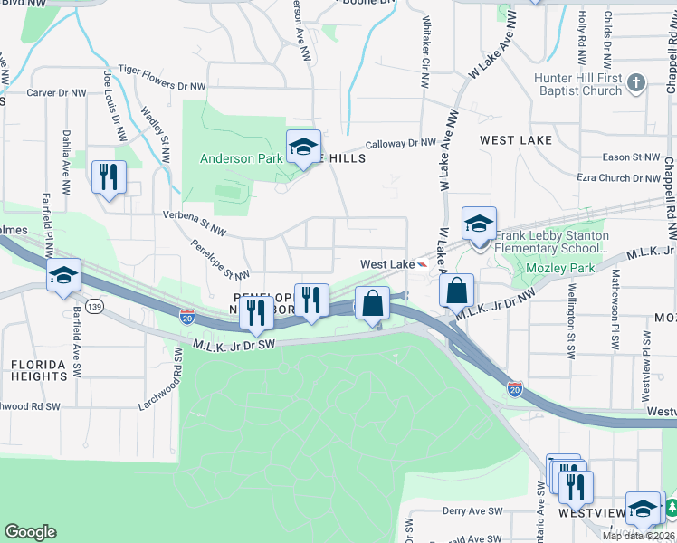 map of restaurants, bars, coffee shops, grocery stores, and more near 211 Penelope Drive Northwest in Atlanta