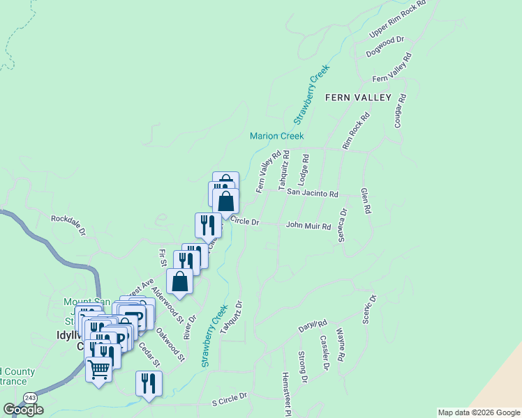 map of restaurants, bars, coffee shops, grocery stores, and more near 25455 Tahquitz Road in Idyllwild-Pine Cove