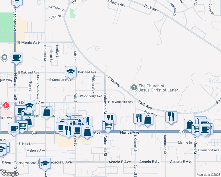 map of restaurants, bars, coffee shops, grocery stores, and more near 2560 Grand Teton Avenue in Hemet