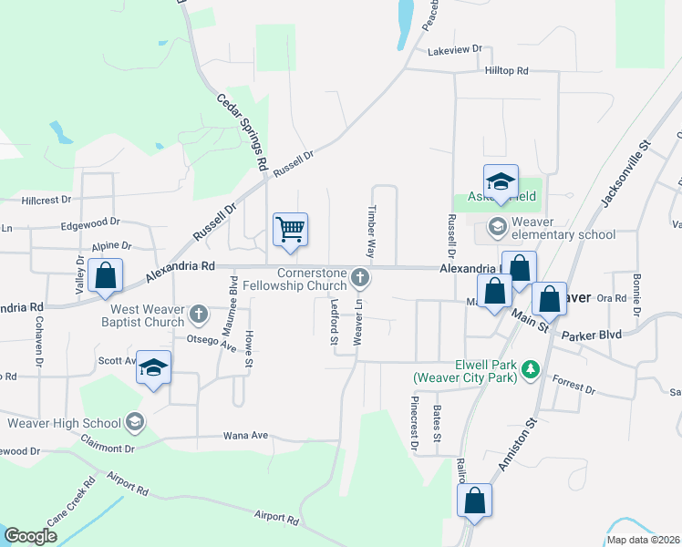 map of restaurants, bars, coffee shops, grocery stores, and more near 606 Alexandria Road in Weaver