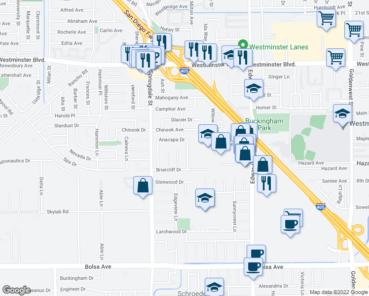 map of restaurants, bars, coffee shops, grocery stores, and more near 14401 Fairview Lane in Huntington Beach