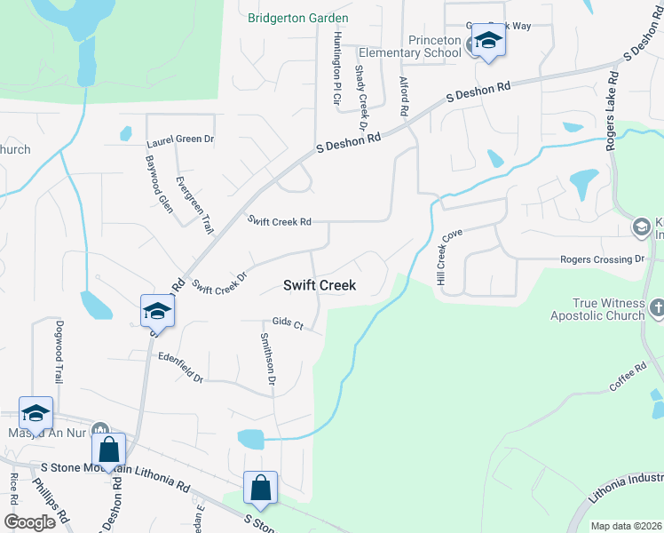map of restaurants, bars, coffee shops, grocery stores, and more near 6536 Rebecca Lou Lane in Lithonia