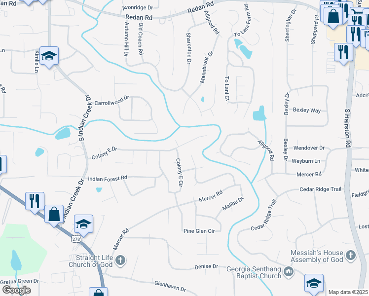 map of restaurants, bars, coffee shops, grocery stores, and more near 4379 Colony E Dr in Stone Mountain