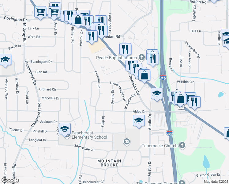 map of restaurants, bars, coffee shops, grocery stores, and more near 3723 Turner Heights Drive in Decatur