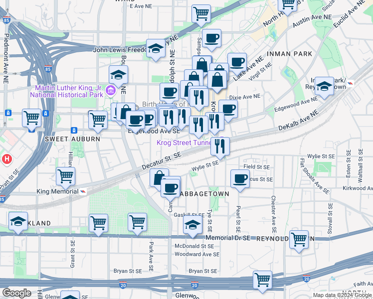 map of restaurants, bars, coffee shops, grocery stores, and more near 616 DeKalb Avenue Northeast in Atlanta