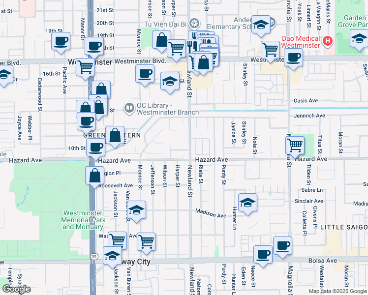 map of restaurants, bars, coffee shops, grocery stores, and more near 14411 Riata Street in Westminster