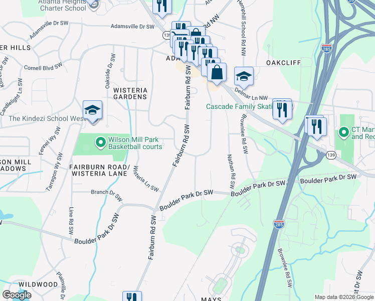 map of restaurants, bars, coffee shops, grocery stores, and more near 247 Howell Drive Southwest in Atlanta