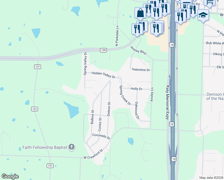 map of restaurants, bars, coffee shops, grocery stores, and more near 610 Deleon Street in Denison