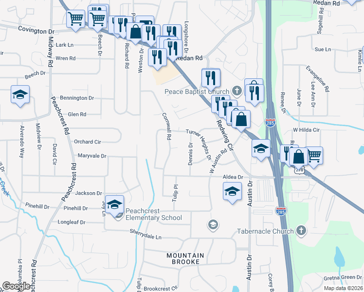 map of restaurants, bars, coffee shops, grocery stores, and more near 3658 Cornwall Court in Decatur