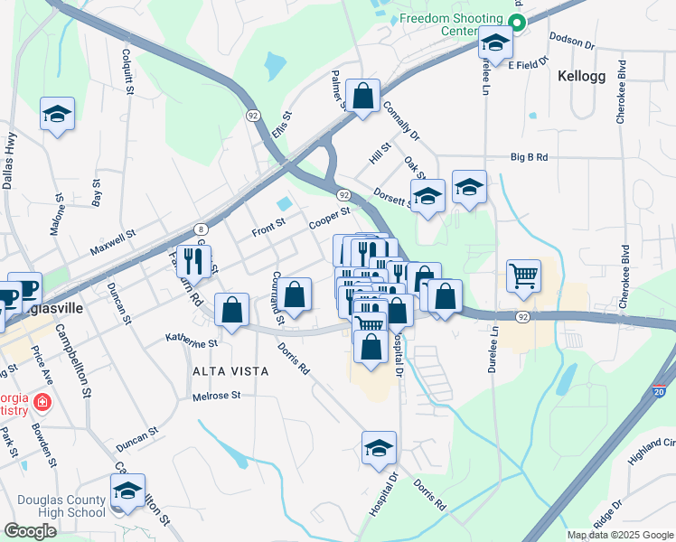 map of restaurants, bars, coffee shops, grocery stores, and more near 8306 Triple Crown Drive in Douglasville