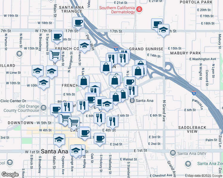 map of restaurants, bars, coffee shops, grocery stores, and more near 906 Civic Center Drive East in Santa Ana