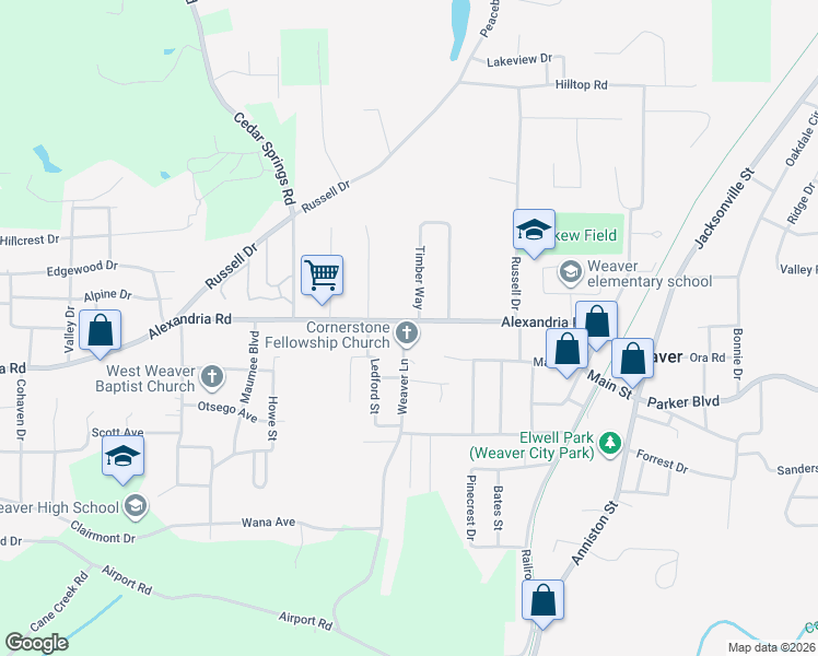map of restaurants, bars, coffee shops, grocery stores, and more near 524 Alexandria Road in Weaver