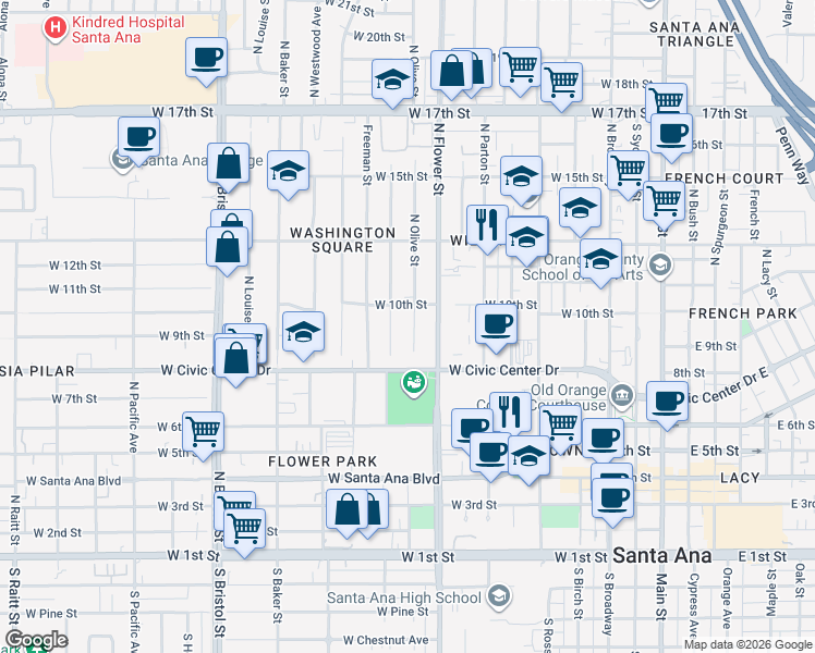 map of restaurants, bars, coffee shops, grocery stores, and more near 912 North Olive Street in Santa Ana