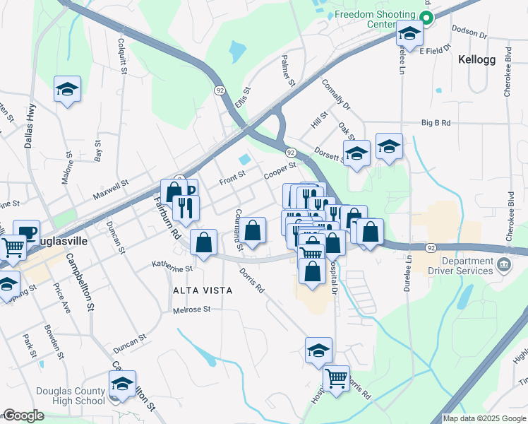 map of restaurants, bars, coffee shops, grocery stores, and more near 6208 Beaver Street in Douglasville