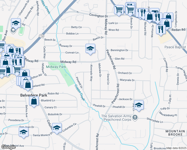 map of restaurants, bars, coffee shops, grocery stores, and more near 1380 Alverado Way in Decatur