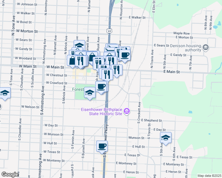 map of restaurants, bars, coffee shops, grocery stores, and more near 130 W Crawford St in Denison