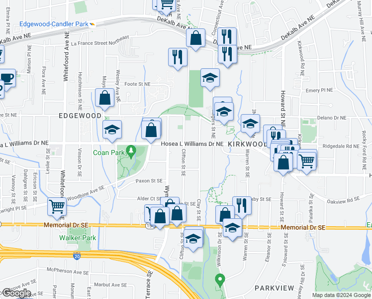 map of restaurants, bars, coffee shops, grocery stores, and more near 16 Clifton Street Southeast in Atlanta