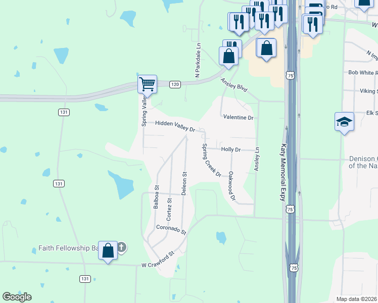 map of restaurants, bars, coffee shops, grocery stores, and more near 610 Deleon Street in Denison