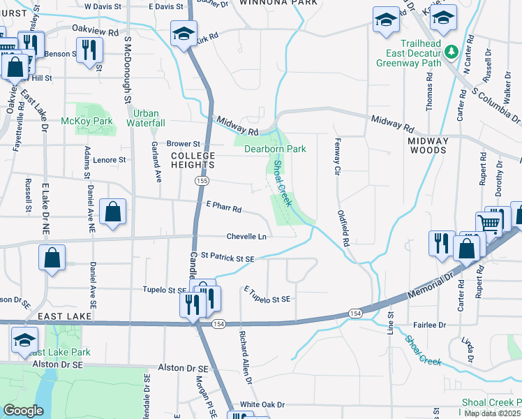 map of restaurants, bars, coffee shops, grocery stores, and more near 470 East Pharr Road in Decatur