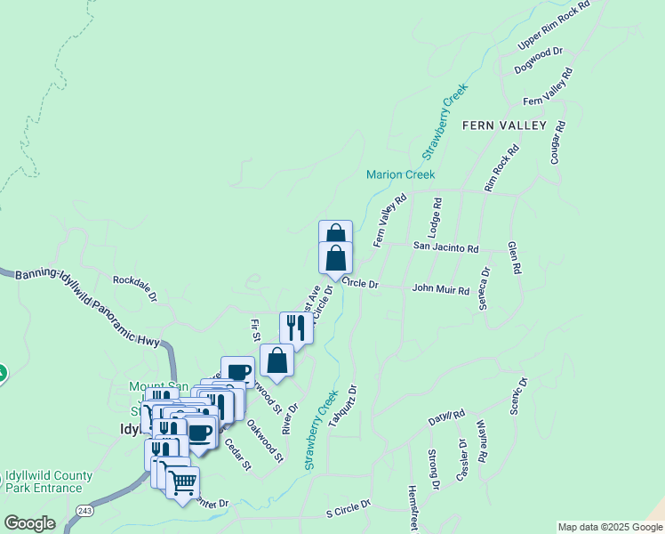 map of restaurants, bars, coffee shops, grocery stores, and more near 54960 Pine Crest Avenue in Idyllwild-Pine Cove