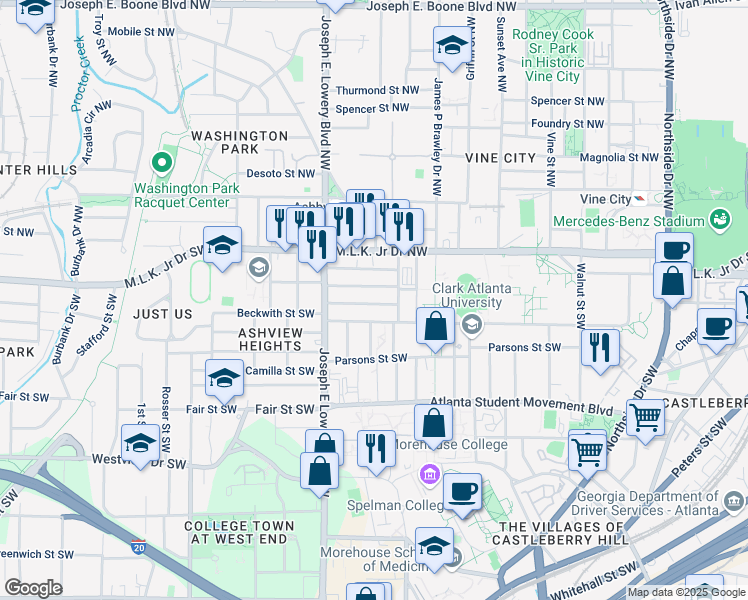 map of restaurants, bars, coffee shops, grocery stores, and more near 851 Drummond Street Southwest in Atlanta