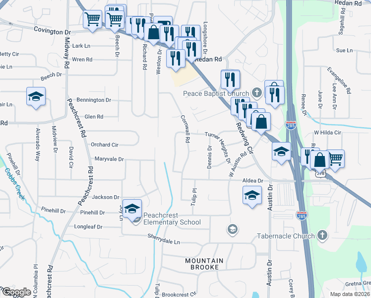map of restaurants, bars, coffee shops, grocery stores, and more near 1385 Cornwall Road in Decatur
