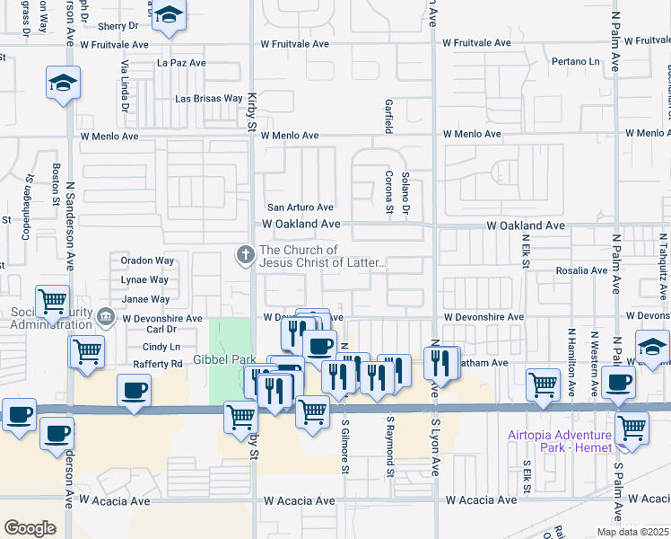 map of restaurants, bars, coffee shops, grocery stores, and more near 2158 Casita Court in Hemet